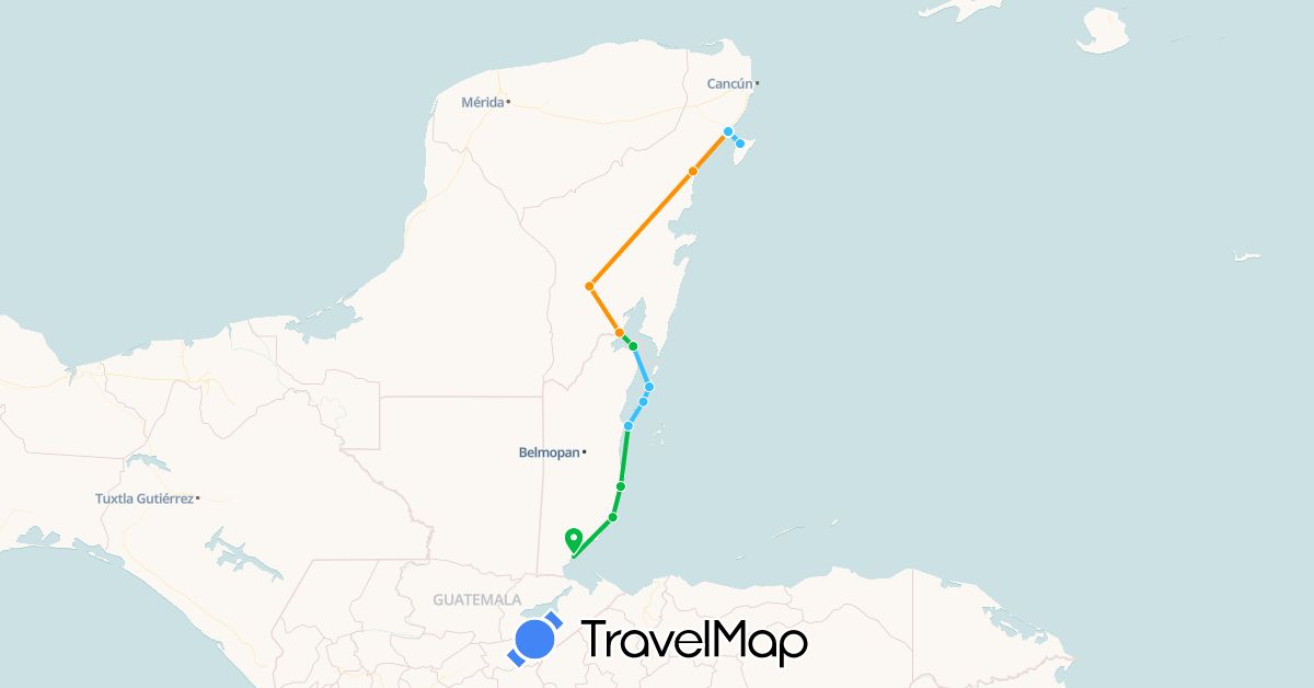 TravelMap itinerary: driving, bus, boat, hitchhiking in Belize, Mexico (North America)